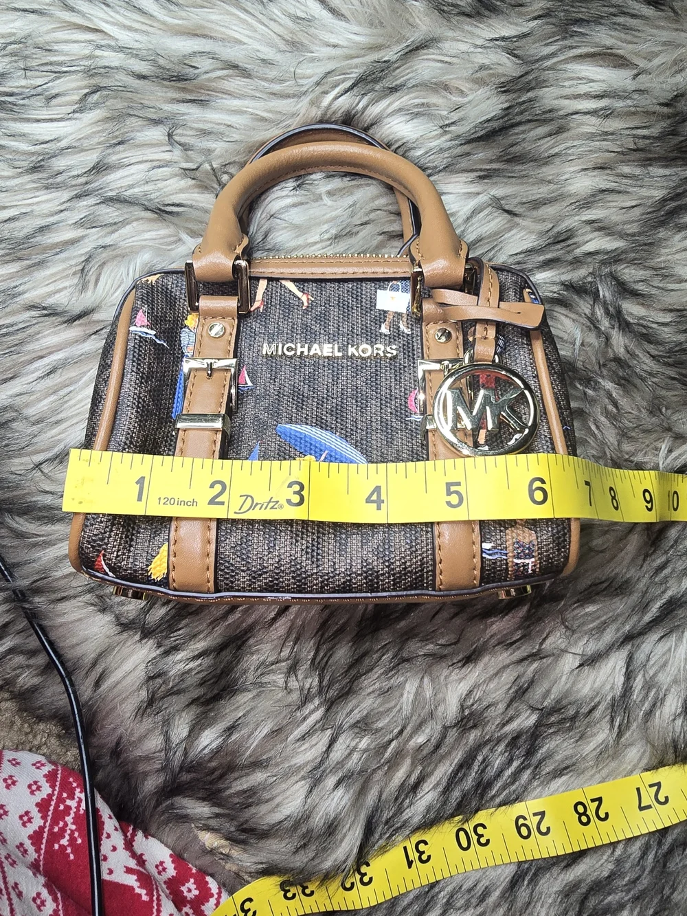 Michael Kors Brown Beach Print Mini Satchel with Tan Trim